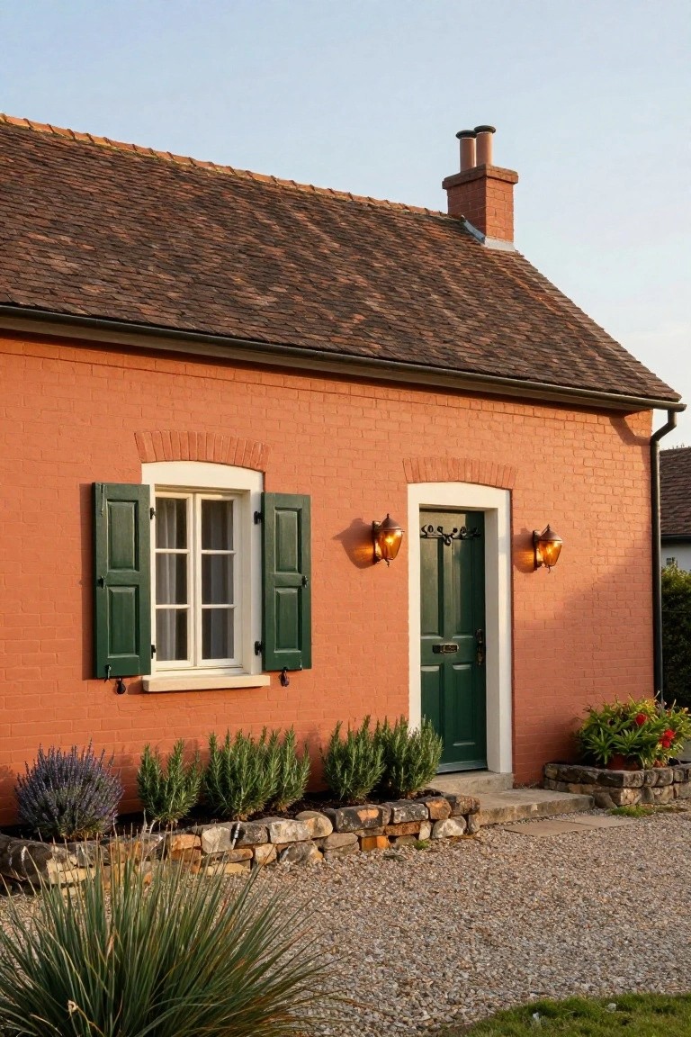 Green Door and Shutters on Brick