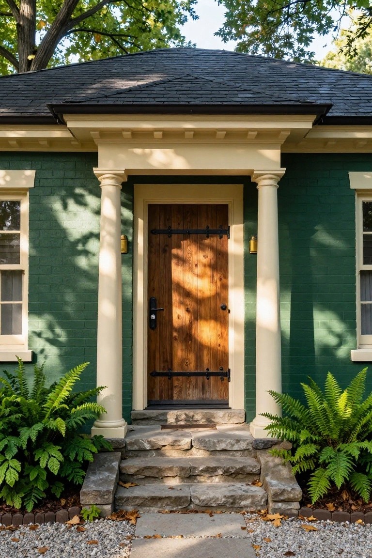 Front view of a small green brick house with white columns framing a dark wooden door, flanked by ferns and leading to stone steps.