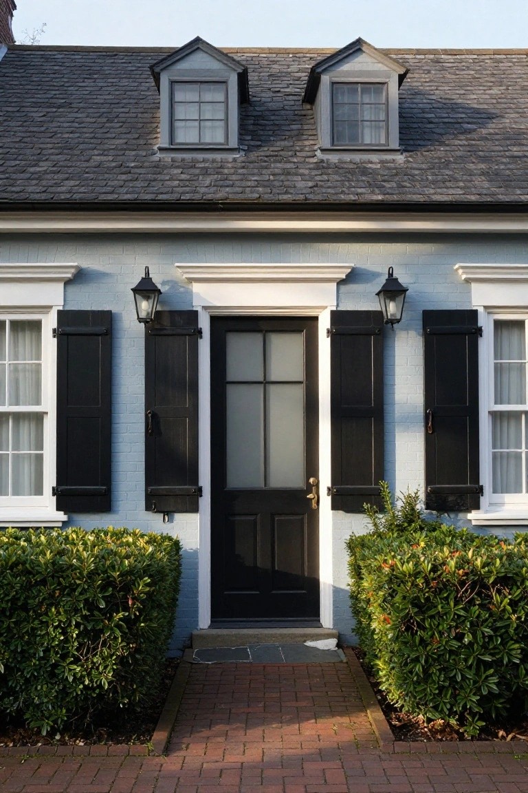 Light blue colonial house exterior with slate roof, dormer windows, black shutters on white-trimmed windows, black front door flanked by lanterns, and boxwood shrubs on either side of a brick pathway.