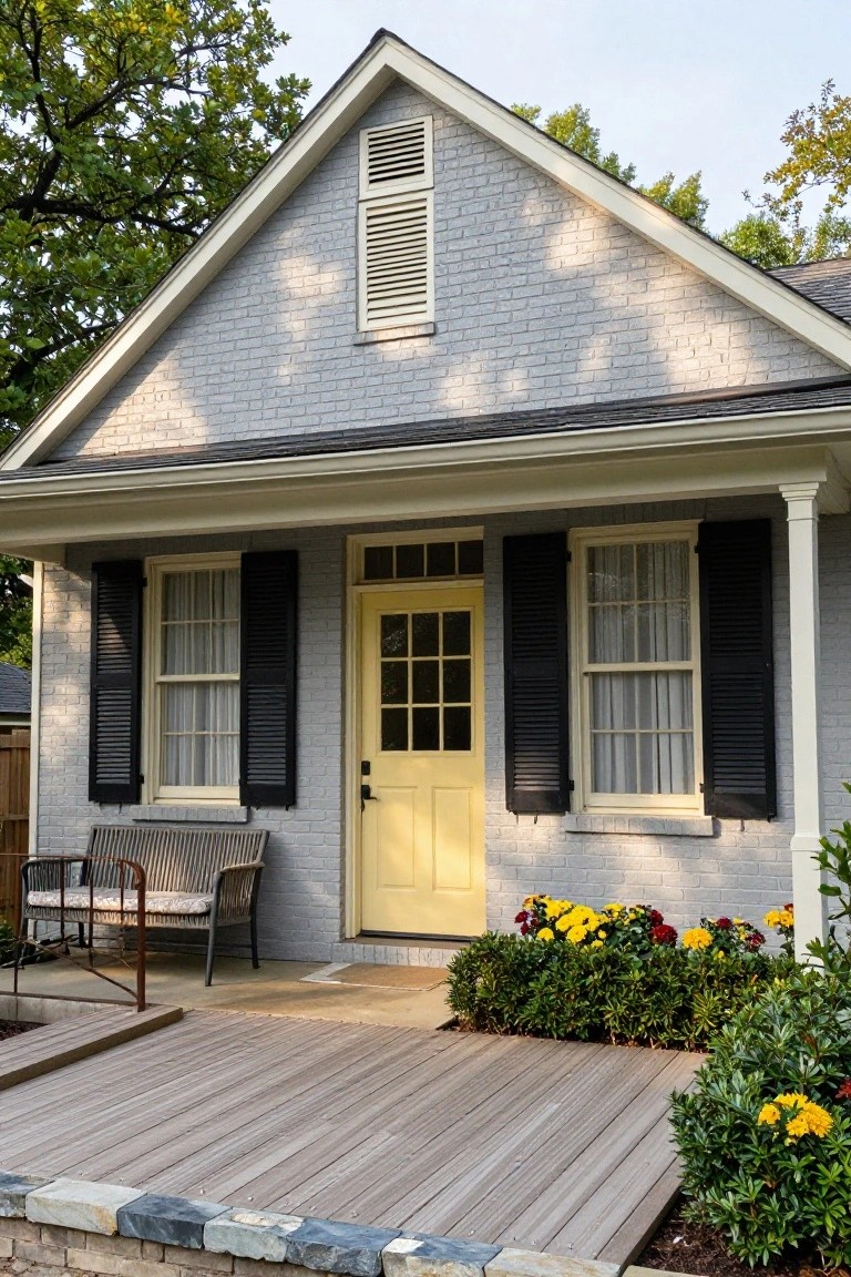 Gray brick Colonial-style house exterior with yellow front door, black shutters on windows, white trim, covered porch with bench, wooden deck, and low flower beds along the base.