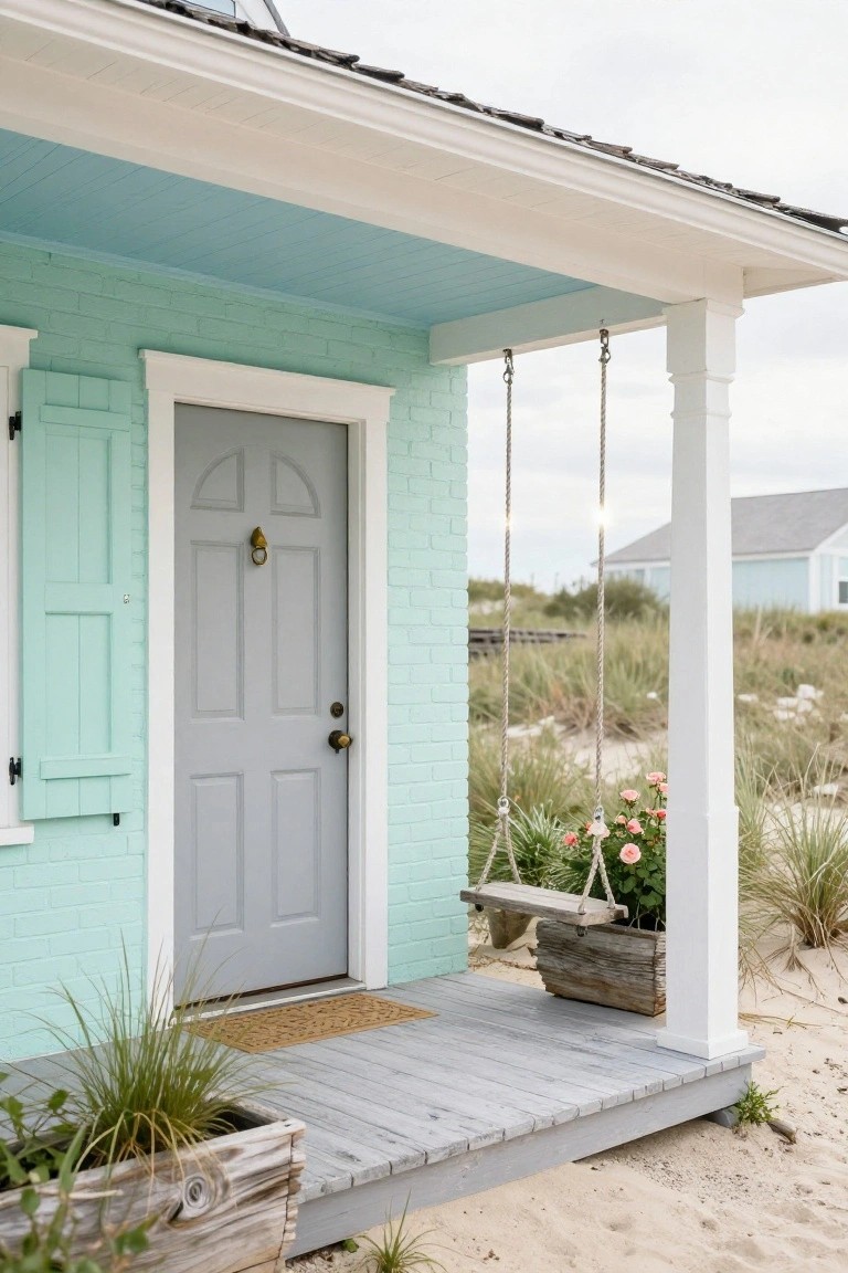 Mint green painted brick house exterior with gray front door, white shutters, hanging rope porch swing, potted plants, wooden deck, and sandy dunes nearby.