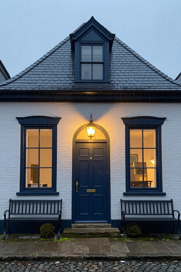 White brick house with navy blue door, window frames, and trim, slate roof, yellow lantern above the door, black benches on each side, and cobblestone path in front.