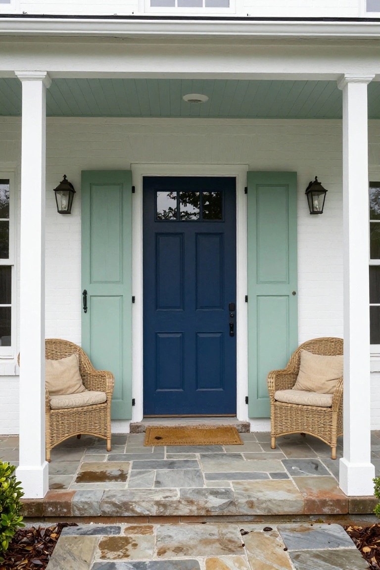 Front exterior of a white brick colonial house with a navy blue paneled door centered between mint green shutters, flanked by white columns on a porch, hanging lanterns, wicker chairs with cushions, and a slate stone landing.