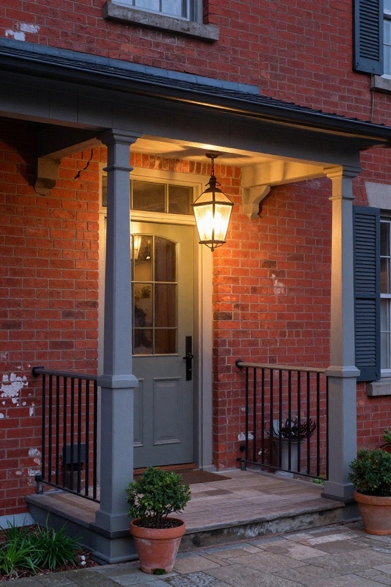 Red brick colonial house front porch with gray columns and railings, sage green wood door with glass panels, hanging lantern light, potted plants on steps, and stone walkway at evening.