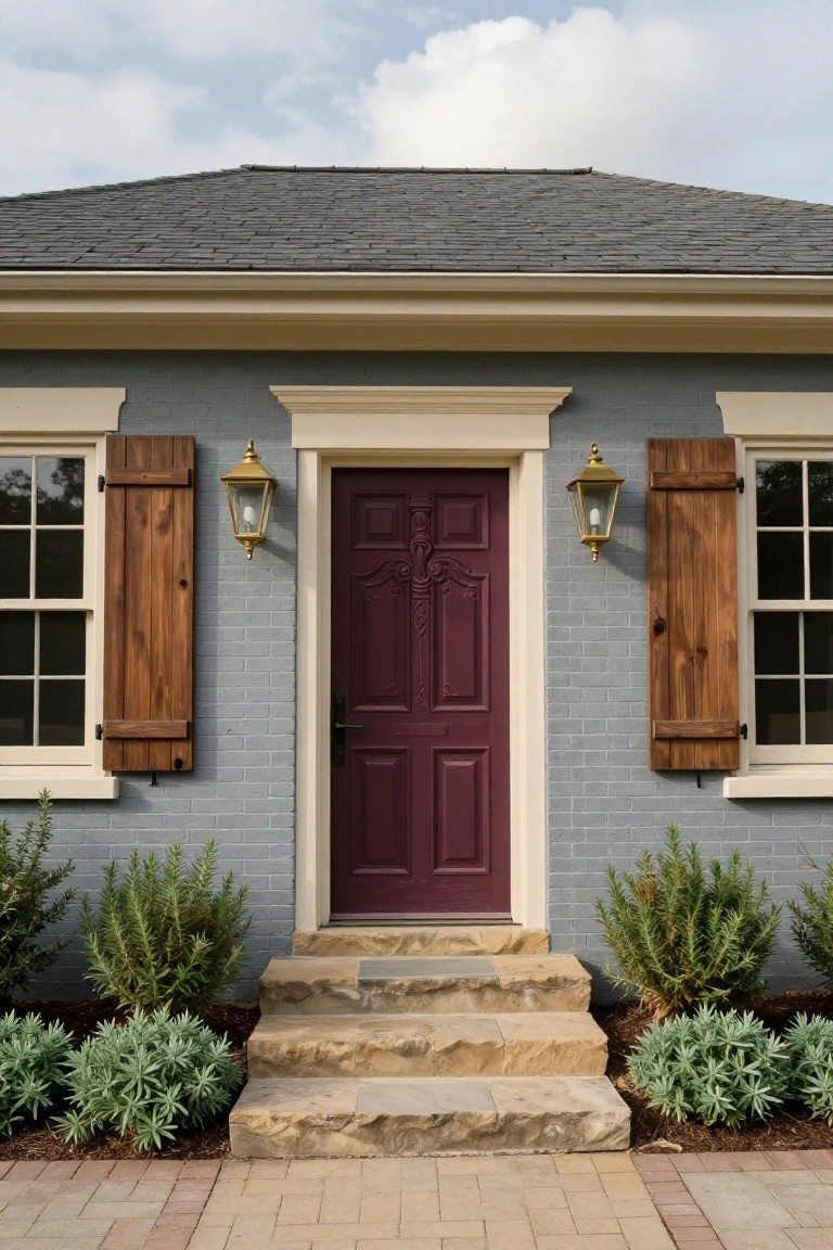 Colonial house exterior with light gray brick walls, deep burgundy paneled front door, cream trim, wooden shutters on flanking windows, brass lanterns, stone entry steps, and low shrubs on brick pavers.