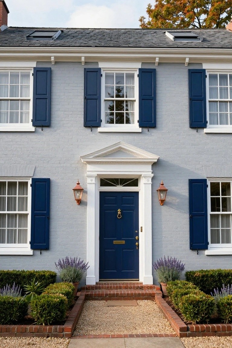 Two-story colonial-style house with light gray brick exterior, navy blue shutters on multipane windows, navy front door with brass knocker, white trim and pediment over entry, flanked by boxwood shrubs and lavender plants on a gravel path.