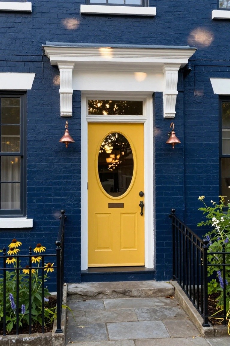Navy blue brick townhouse exterior with a yellow front door featuring an oval window, flanked by copper lanterns, black iron railing, and flower plantings along stone steps.