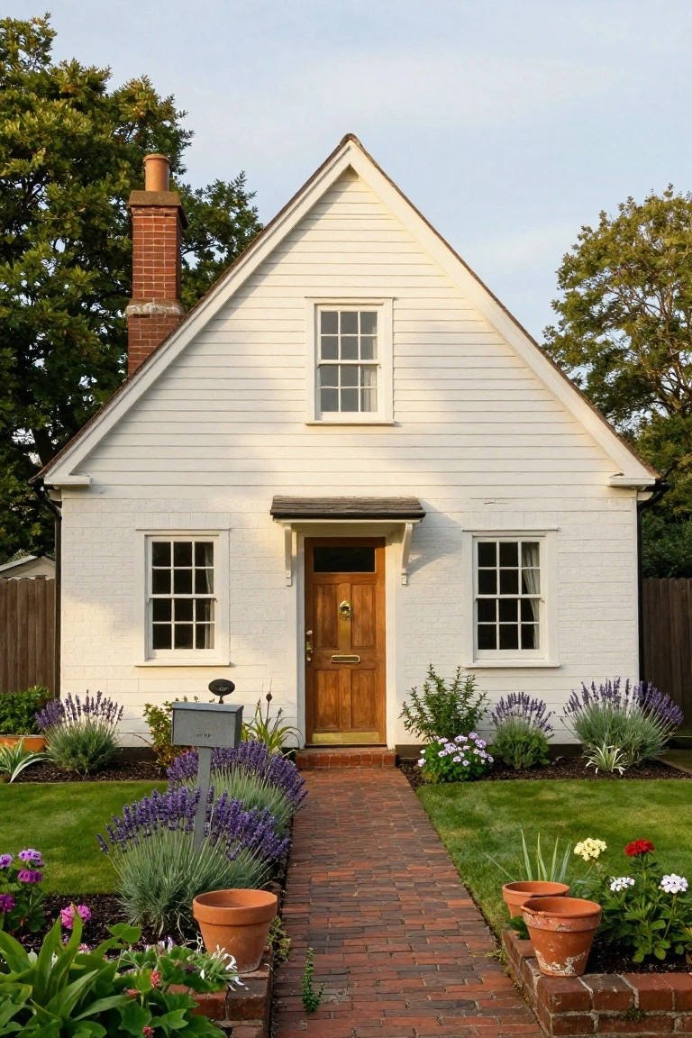 White clapboard colonial house with tall brick chimney, wooden front door, double-hung windows, and brick pathway lined with lavender plants and terracotta pots.