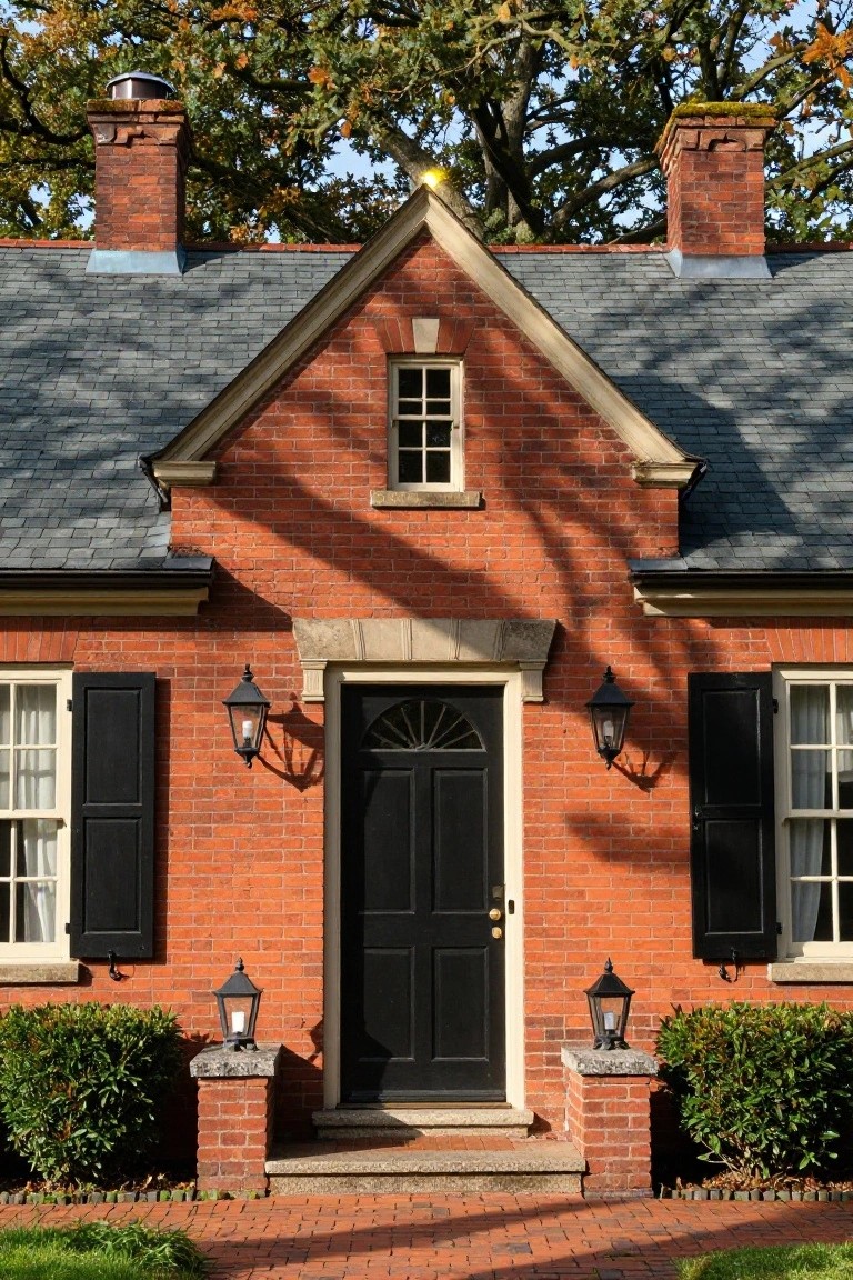 Red brick colonial house exterior with gabled slate roof topped by two brick chimneys, black front door with fan transom, black shutters on white-framed windows, lanterns on pedestals, and boxwood shrubs along brick path.
