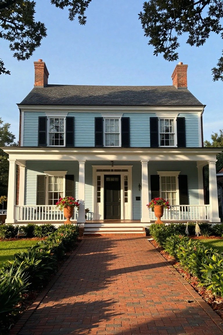 Light blue colonial house with symmetrical brick chimneys, black shutters, white porch columns, potted plants on the porch, and a brick pathway bordered by green shrubs.