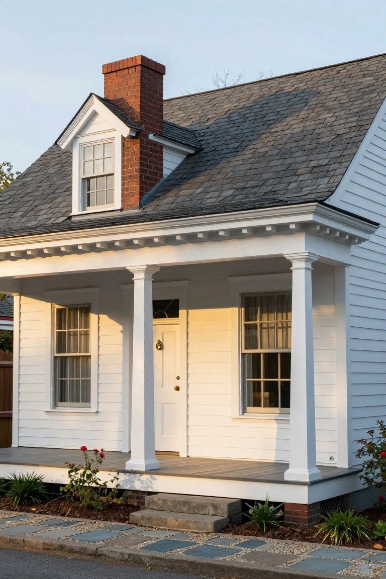 White clapboard house with gabled roof, red brick chimney, columned front porch, double-hung windows, and brick steps leading to the entry door surrounded by low landscaping.