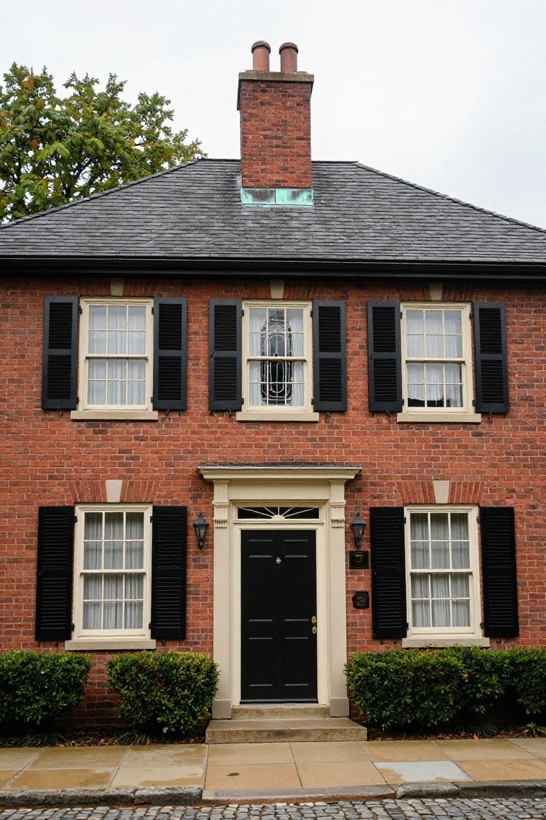 Front exterior of a two-story red brick colonial house with paired brick chimneys on a dark slate roof with copper flashing, black shutters on white-trimmed multi-pane windows, centered black front door with lanterns, boxwood shrubs on sides, concrete steps, and cobblestone street.
