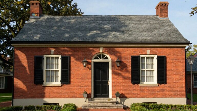 Red brick colonial house exterior with gabled slate roof topped by two brick chimneys, black front door with fan transom, black shutters on white-framed windows, lanterns on pedestals, and boxwood shrubs along brick path.