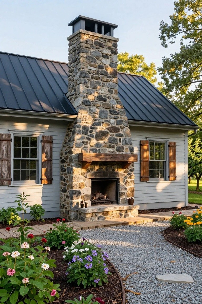 Side view of a small white clapboard house with a tall fieldstone chimney, dark metal roof, wooden shutters on double-hung windows, visible fireplace opening, and gravel path edged with colorful flower beds.