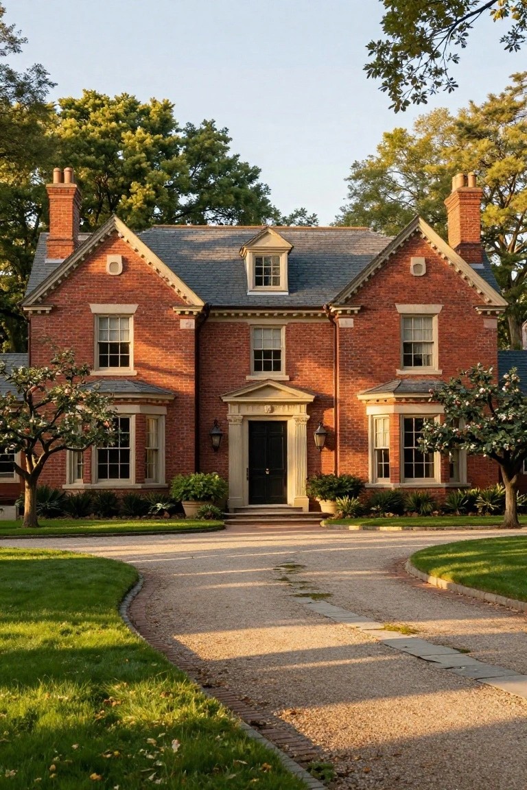 Red brick colonial-style house with paired end chimneys, slate roof, central pedimented entry, bay windows on sides, lanterns, circular gravel driveway, and trees with lawn.