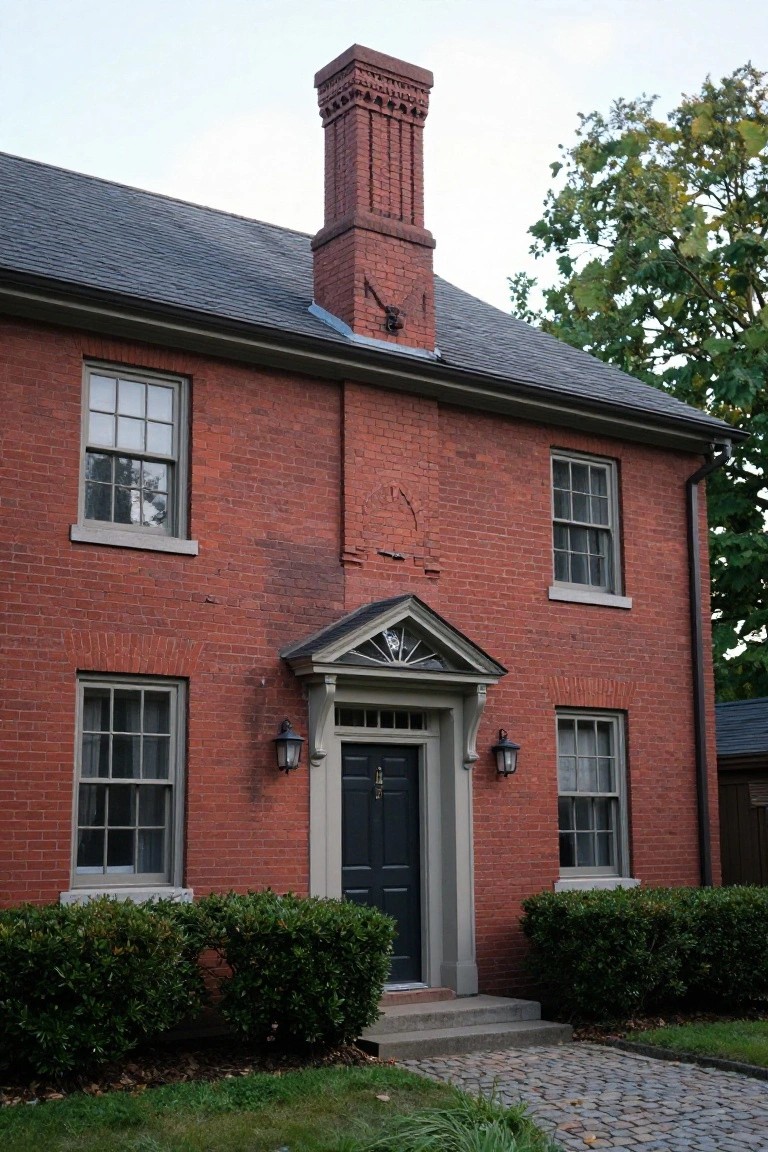 Red brick two-story colonial house with tall central brick chimney, slate roof, symmetrical double-hung windows, pedimented entry with dark green door and lanterns, boxwood shrubs, and cobblestone path.