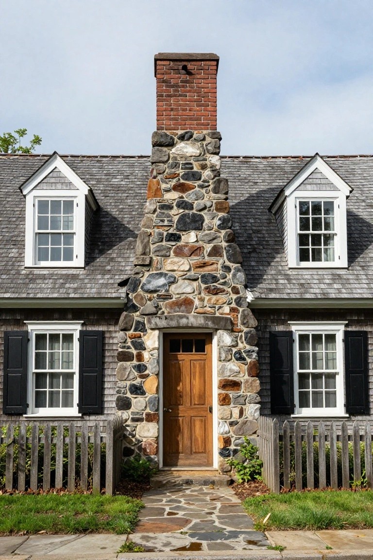 Two-story shingle-clad colonial house with a tall central fieldstone and brick chimney, dormer windows with white trim, black shutters on side windows, wooden front door, picket fence, shrubs, and stone pathway leading to the entrance.