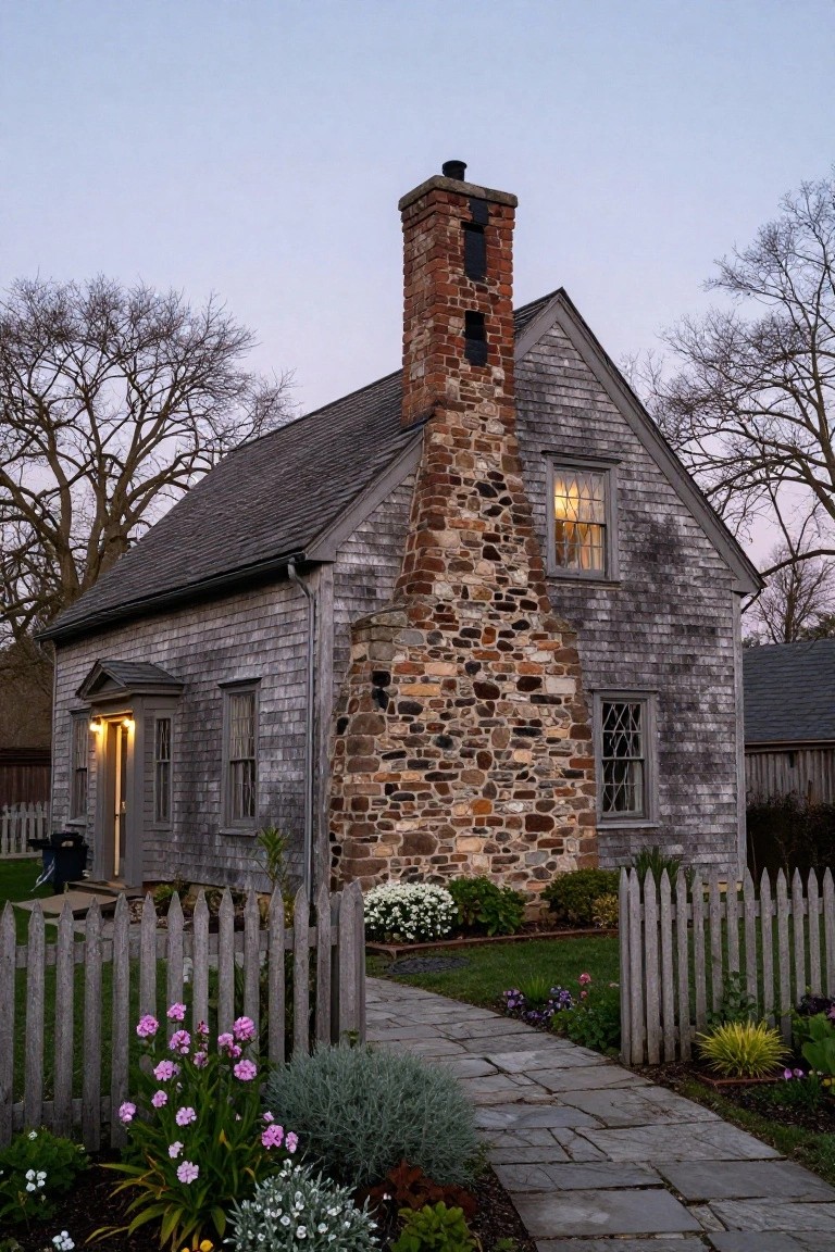 Gray shingle-clad colonial house with tall stone chimney, glowing upper window, front door light, white picket fence, flower garden, and slate walkway at dusk.