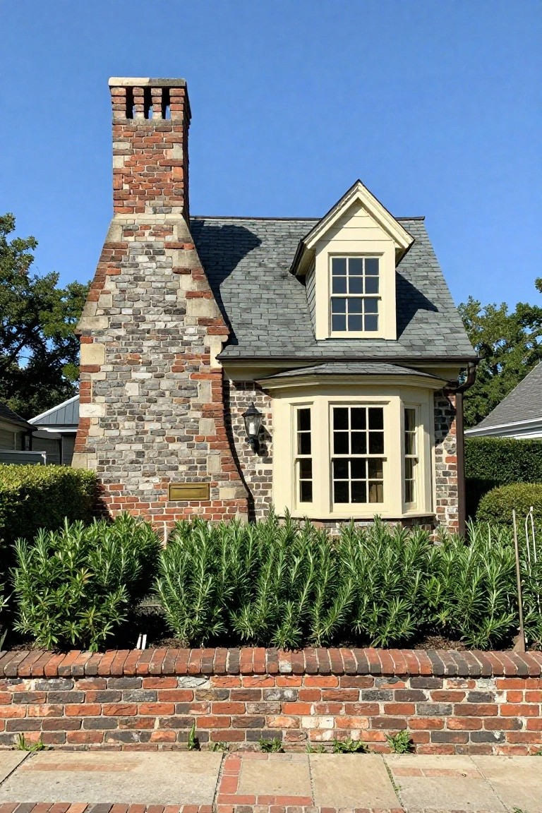 Small two-story house exterior with tall chimney combining stone base and brick upper section, beige bay window, slate roof, brick perimeter wall, and evergreen hedges under blue sky.