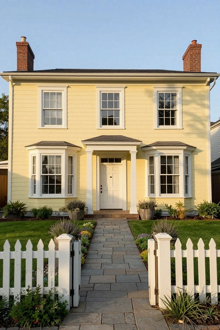 A yellow two-story colonial-style house with white trim, paired brick chimneys rising from the roof ends, bay windows flanking a centered white front door, a stone pathway through a white picket fence, and low plantings along the front yard.