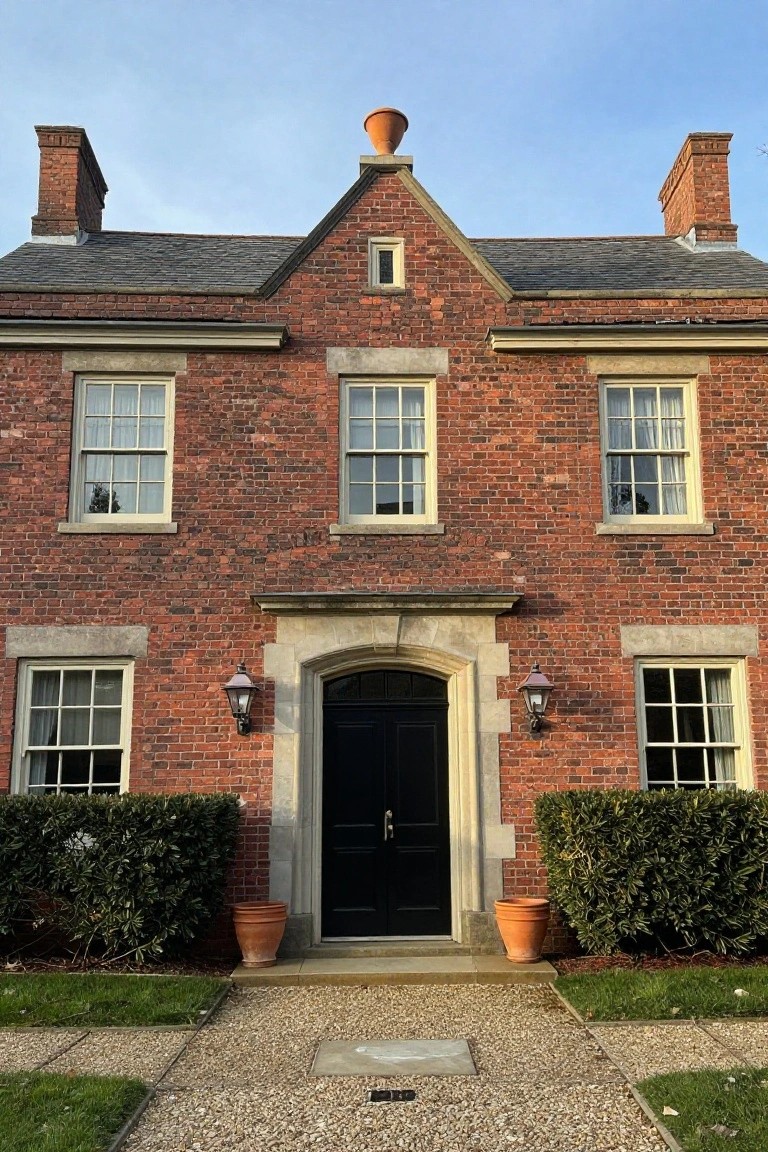 Front view of a red brick house with gabled roof, two tall brick chimneys topped by orange terracotta pots, multiple sash windows, a central black wood door with stone surround and lanterns, boxwood shrubs, and large terracotta planters on a gravel path.