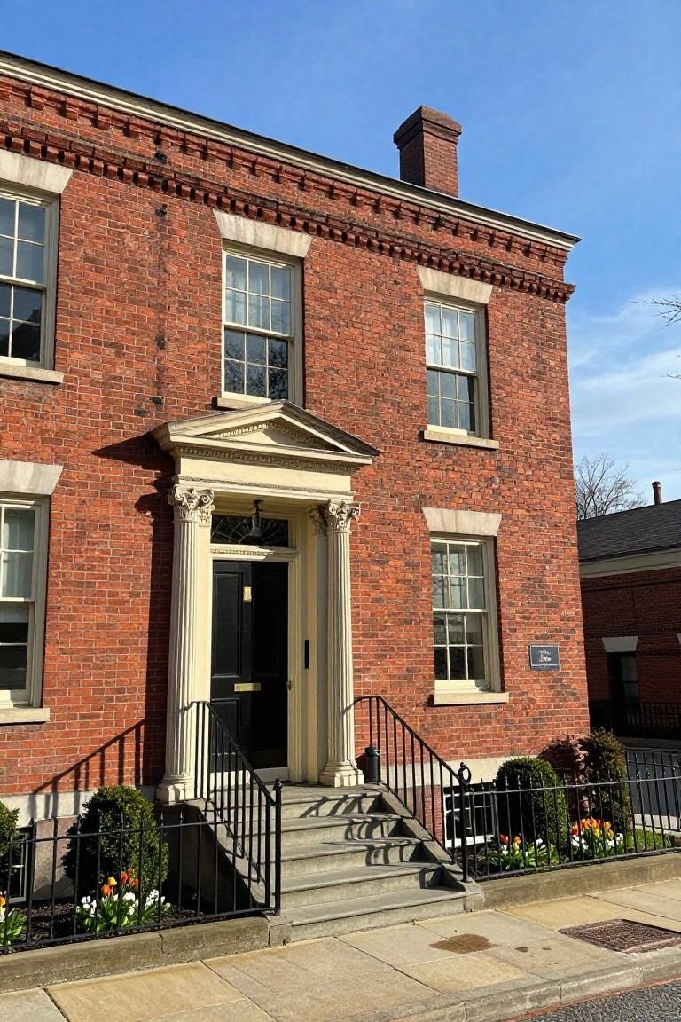 Two-story red brick house with white stone trim, classical pedimented entry portico with columns, black front door, wrought iron stair railing, brick chimney on the right side, and low boxwood shrubs with flowers in front.