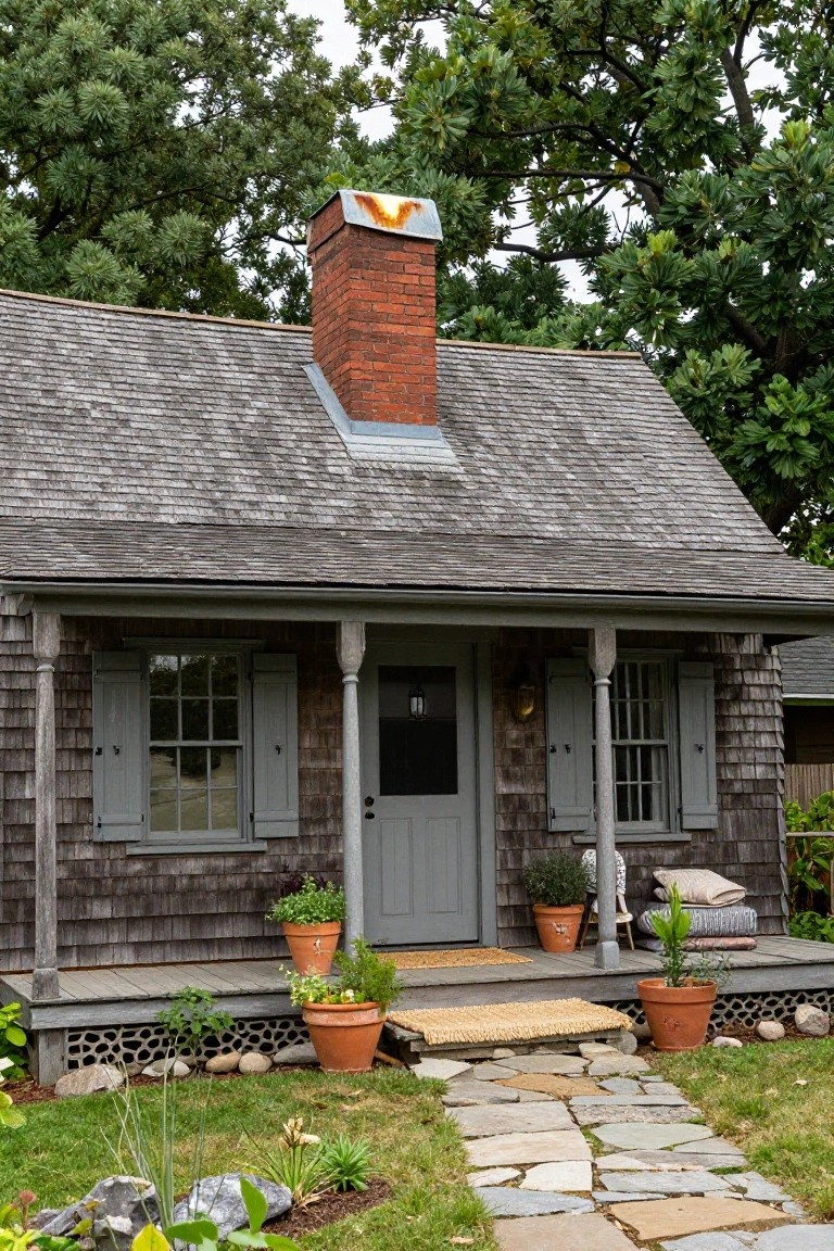 Gray shingled cottage house with red brick chimney on roof, front porch with potted plants, gray door, shutters, and stone path leading from grassy yard with rocks and plants.