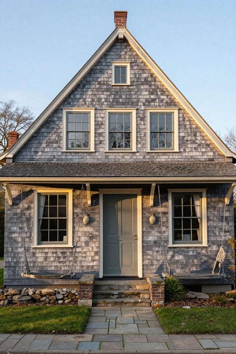Gray shingled two-story colonial house with brick side chimney, three dormer windows, green front door flanked by windows, hanging porch swings, bluestone entry path, and low stone retaining walls.