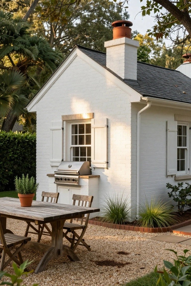 White brick colonial-style house corner with brick chimney topped by terracotta cap, double-hung window with shutters, built-in stainless steel grill, wooden dining table and chairs on gravel patio amid plants and hedges.