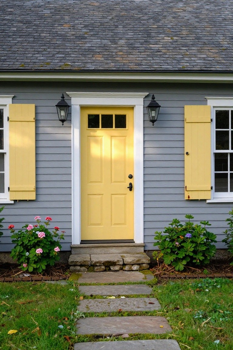 Gray clapboard colonial house exterior with centered yellow front door, yellow shutters on flanking windows, black lanterns, stone steps, and small flowering shrubs on each side of the entry.