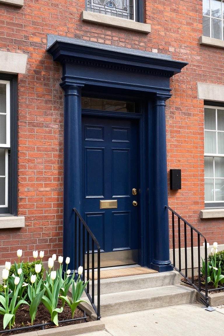 Red brick townhouse exterior featuring a dark blue paneled front door under a pediment supported by two fluted columns, with white-framed windows, black mailbox, iron railings on concrete steps, and tulip planters.