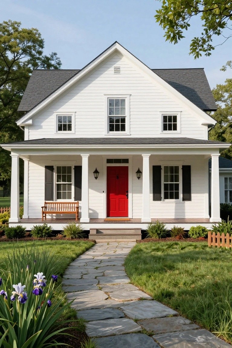 White clapboard colonial house with dark gray gabled roof, covered front porch supported by white columns, red front door flanked by lanterns, black shutters on windows, wooden bench on porch, stone pathway lined with iris flowers leading through green lawn to picket fence.