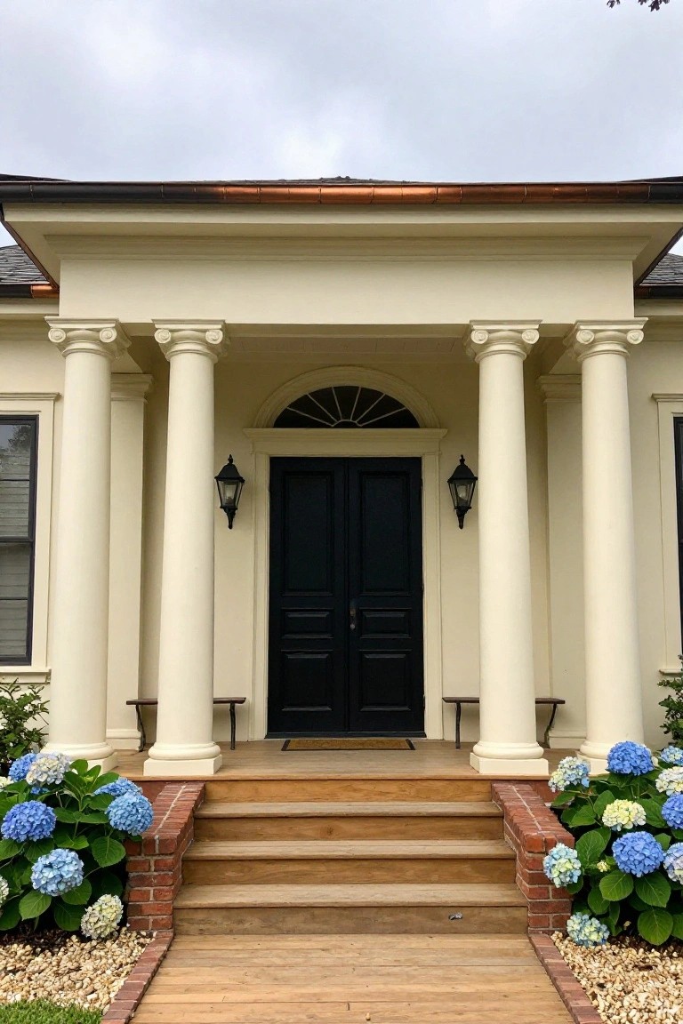 Beige house exterior with four tall white fluted columns supporting a copper-roofed portico above a black double door, flanked by lanterns, wooden steps, brick accents, and blue hydrangea bushes.