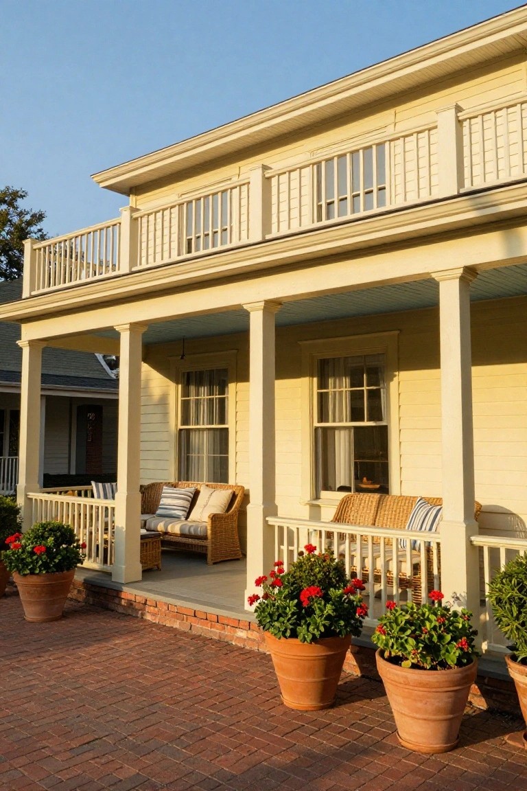 A two-story pale yellow house with white square columns supporting a covered porch furnished with wicker chairs and cushions, a balcony railing above, windows with curtains, and large terracotta pots of red geraniums on a brick pathway.