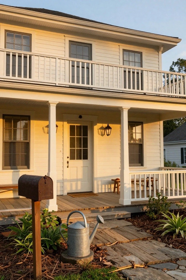 Two-story white clapboard colonial house with a front porch supported by white tapered round columns, double-hung windows, lanterns flanking the door, a red mailbox, watering can, and stone path in front yard at sunset.