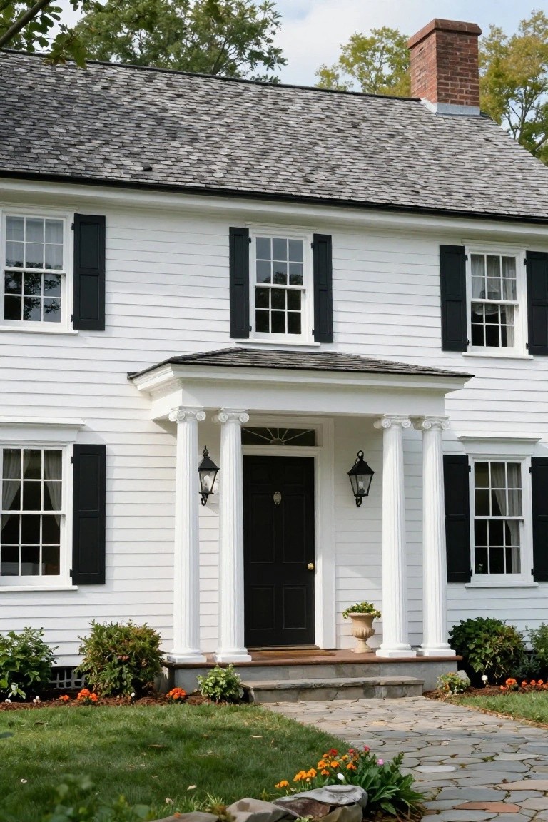 White clapboard colonial house with black shutters and front door, fluted white columns supporting the covered porch, lanterns on posts, and landscaped yard with stone path and flowers.