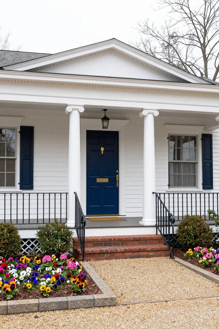 White colonial house exterior with fluted white columns supporting the porch roof, centered navy blue front door with brass knocker and letterbox, navy shutters on flanking windows, black metal railings on brick steps, and colorful pansy flower beds edged in stone along a gravel path.