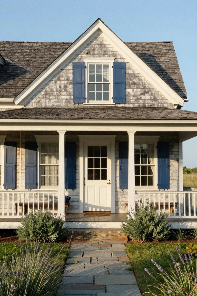 Shingled colonial house exterior with white porch supported by round columns, blue shutters on windows, white front door, stone pathway, and lavender plants in the front yard.