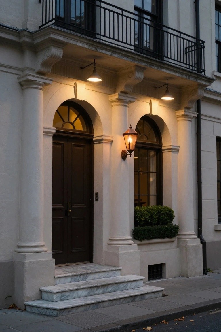White fluted columns flanking double dark wood doors under arched openings on a light-colored stucco house exterior, with lanterns, marble steps, and a small boxwood planter at dusk.