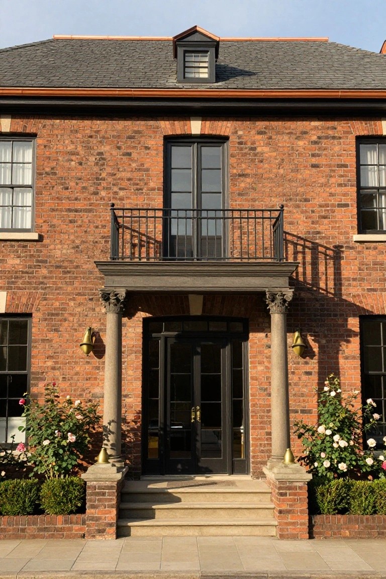 Front view of a two-story red brick house with a centered black double door entry flanked by two tall fluted columns supporting a small portico, a balcony above, copper gutters, and rose bushes with boxwood hedges alongside stone steps.