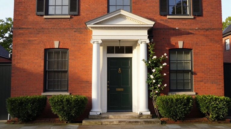 Red brick house exterior with black shutters on multipane windows, white fluted columns supporting a pediment over a dark green front door with brass knocker, boxwood shrubs in black iron railing, and pink climbing roses beside the steps.