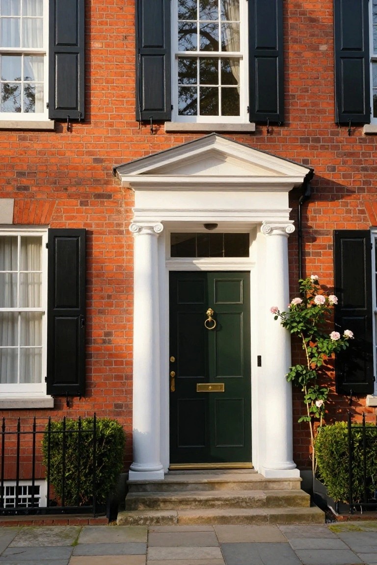 Red brick house exterior with black shutters on multipane windows, white fluted columns supporting a pediment over a dark green front door with brass knocker, boxwood shrubs in black iron railing, and pink climbing roses beside the steps.
