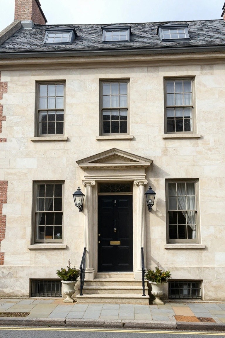 Beige stone three-story townhouse with slate roof, dormer windows, symmetrical sash windows, central black door in pedimented doorway flanked by fluted columns and lanterns, potted plants on steps, and brick chimney.