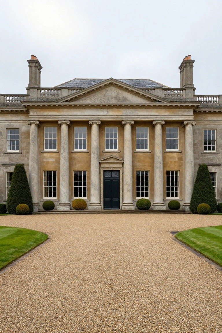 Beige stone mansion with central pediment supported by four tall fluted columns, black front door, symmetrical sash windows, topiary shrubs on either side, gravel driveway, and grass borders.