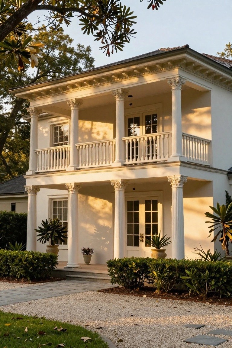 Two-story white house with fluted columns and ornate capitals supporting a porch below and balcony above, flanked by potted plants and shrubs along a stone walkway.