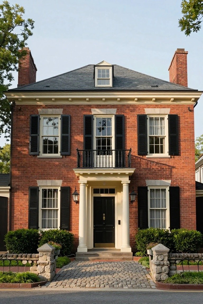 Two-story red brick house with black shutters, white columns supporting a pedimented portico at the dark wood front door, stone pillars and iron fence along a cobblestone path, shrubs on sides.