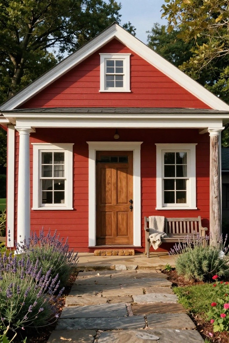 A small red clapboard house with white trim and trim, two white fluted columns supporting the covered front porch, a wooden entry door flanked by windows, a wooden bench with a blanket on the porch, lavender plants, and a stone pathway leading to the steps.