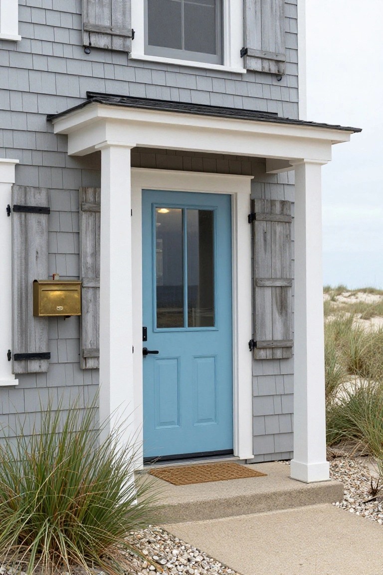 Gray shingled house corner with white porch columns supporting roof over blue paneled door, wood shutters, gold mailbox, beach grass, and dune landscape.