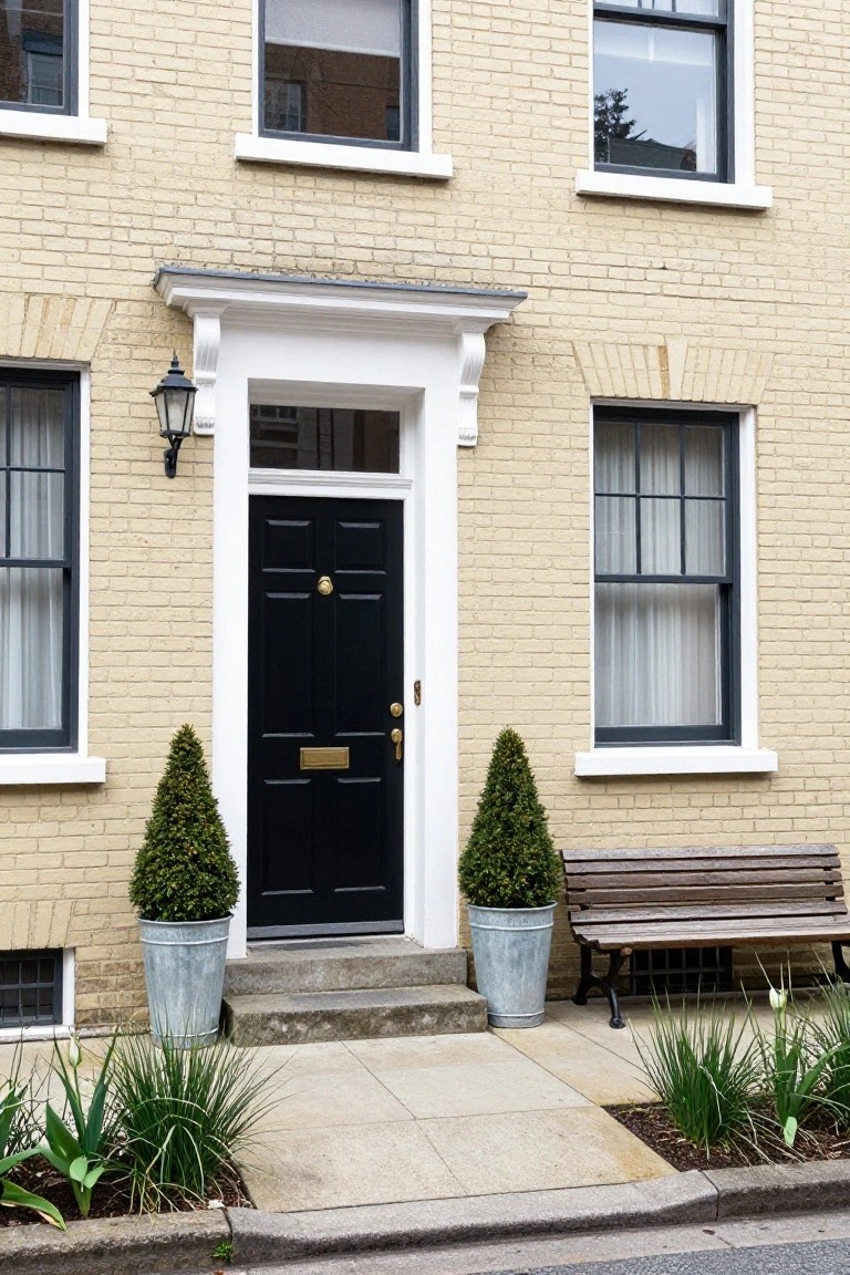 Cream brick townhouse exterior with black paneled front door, brass knocker and letterbox, white trim around windows and entry, potted topiary shrubs flanking the steps, metal lantern light, wooden bench, and low garden plants along the sidewalk.