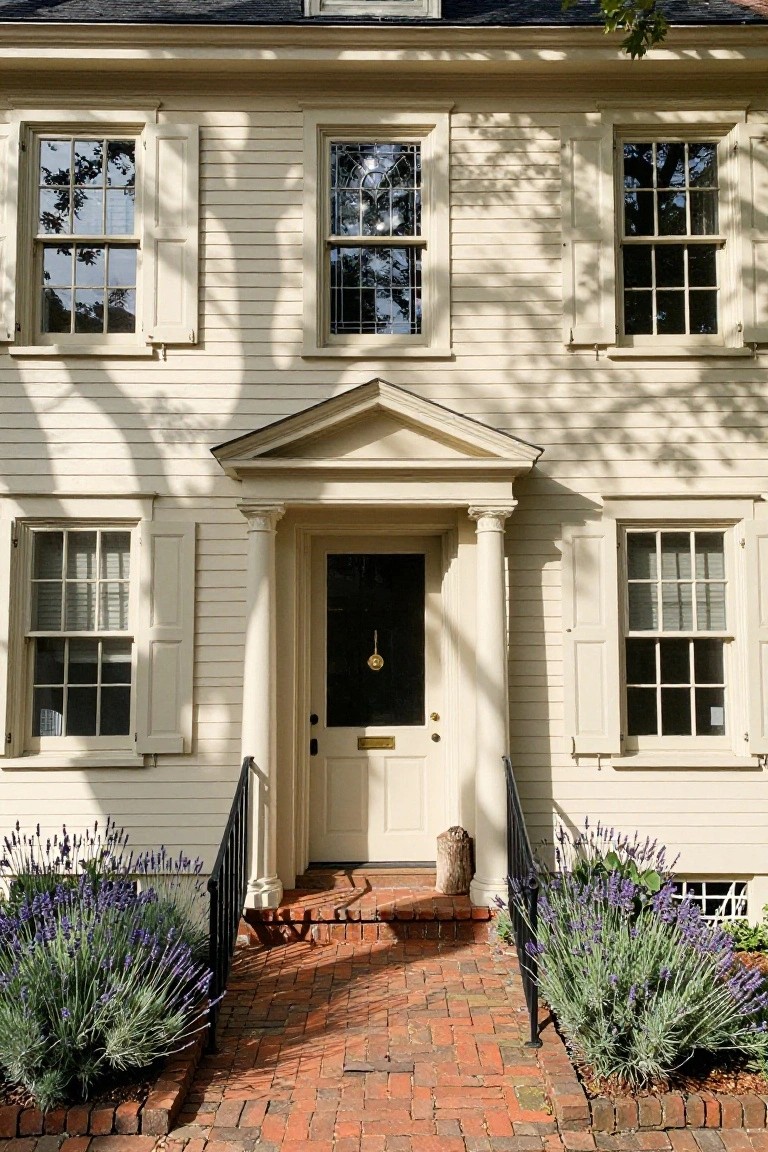 Two-story cream clapboard colonial house with symmetrical windows, a pedimented entry porch with columns and dark door, flanked by lavender bushes and a brick walkway.